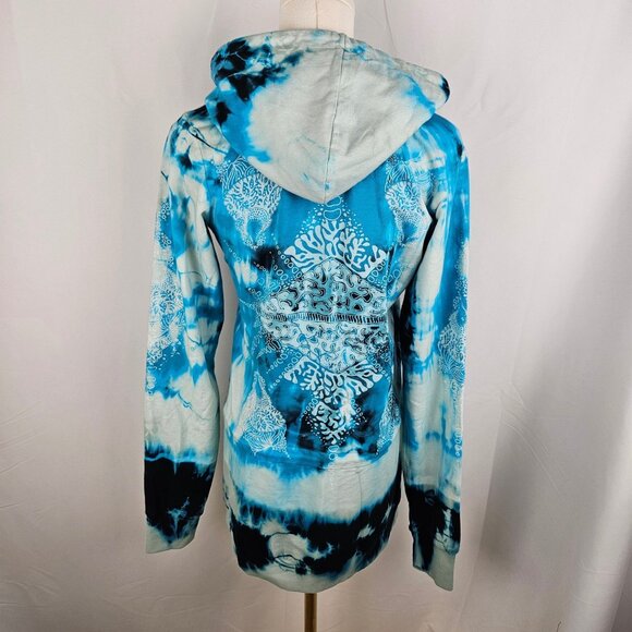 Sledge Vintage Hoodie Medium Zip Tie-Dye Rhinestone Blue Y2K Grunge Long Pockets - Picture 6 of 11